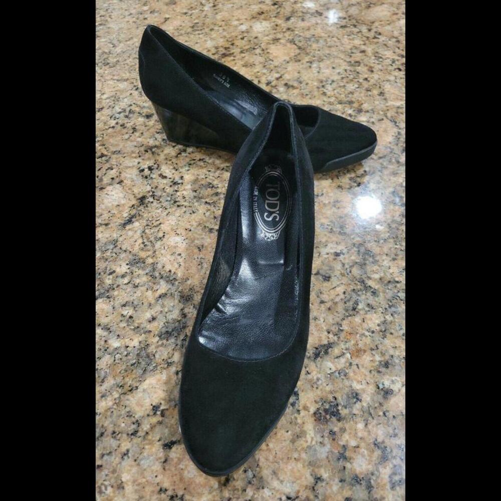 TOD'S Italy Black Suede Wedge Heels Women's Slip On Ballet Shoes 38.5 8.5 $585